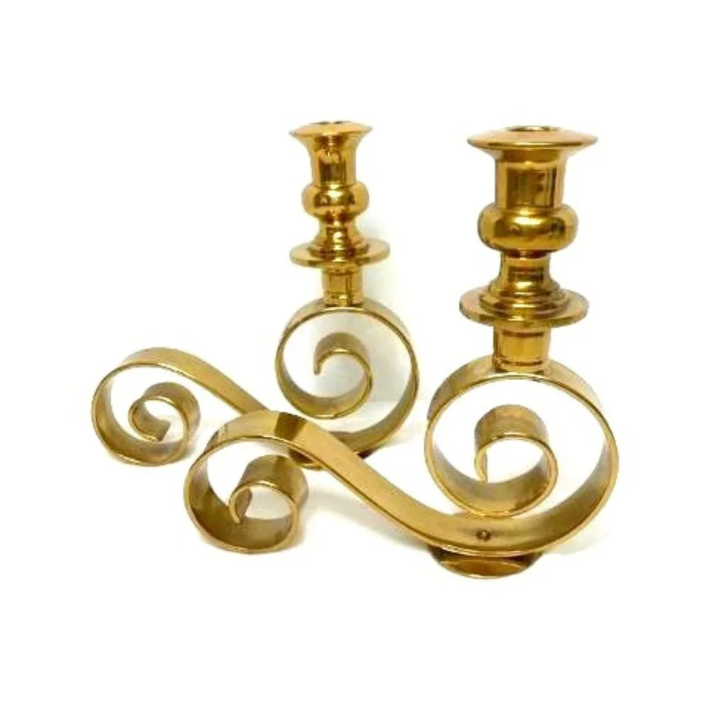Vintage Pair Brass Scroll Candlestick Candle Holders‎ Taper Dinner